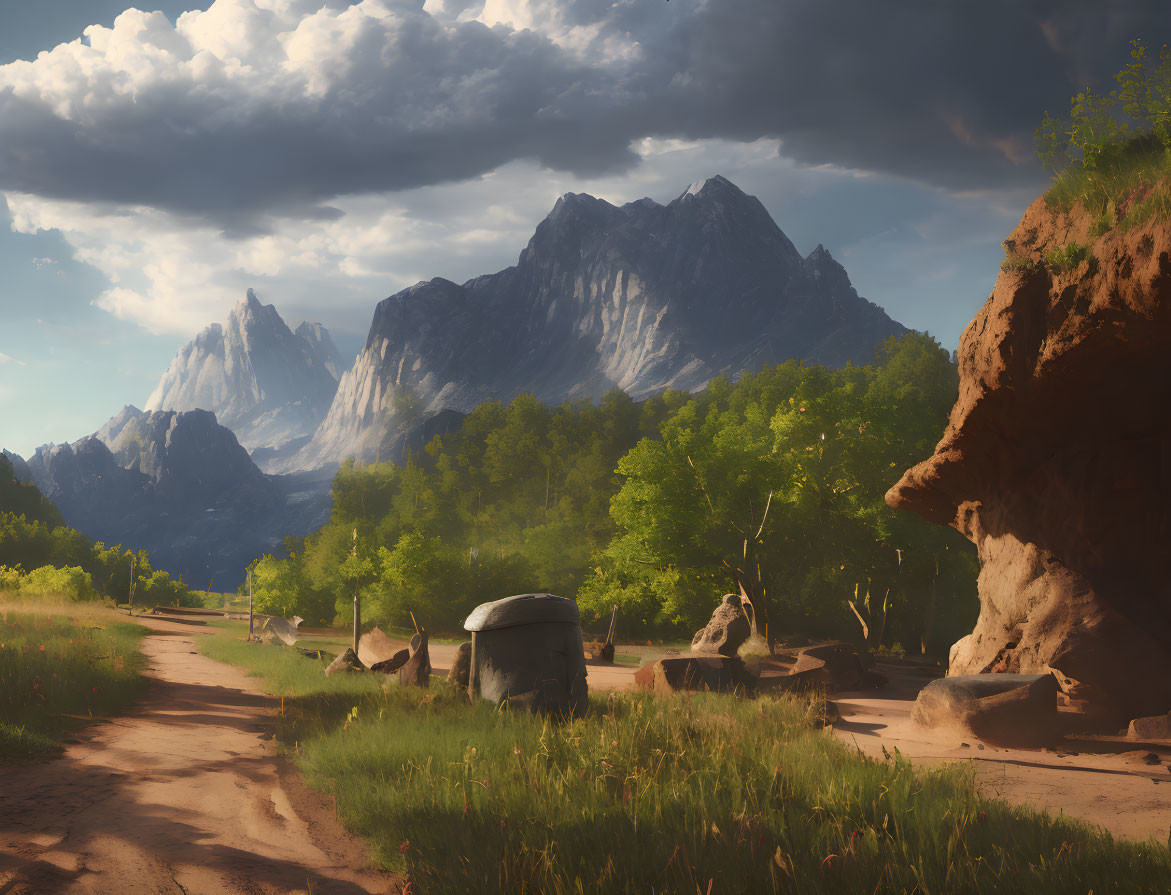 Tranquil landscape with dirt path, mountains, trees, and glowing sky