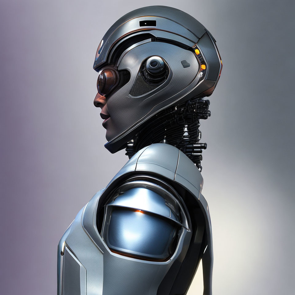 Futuristic humanoid robot with detailed helmet and mechanical neck on gradient background