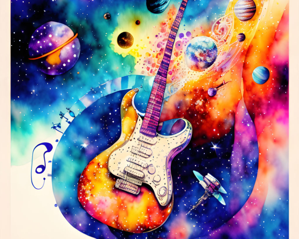 Colorful Electric Guitar Merging with Cosmic Space Theme