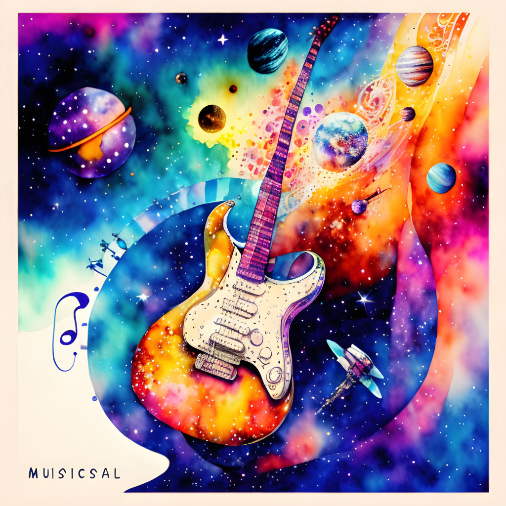 Colorful Electric Guitar Merging with Cosmic Space Theme