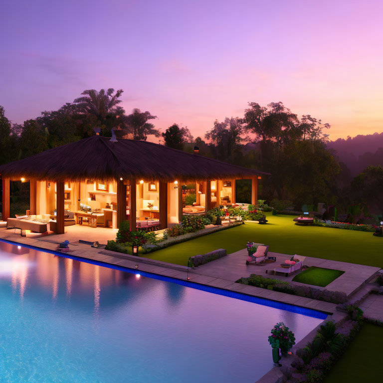 Luxurious Poolside Villa with Open Living Spaces and Twilight Sky