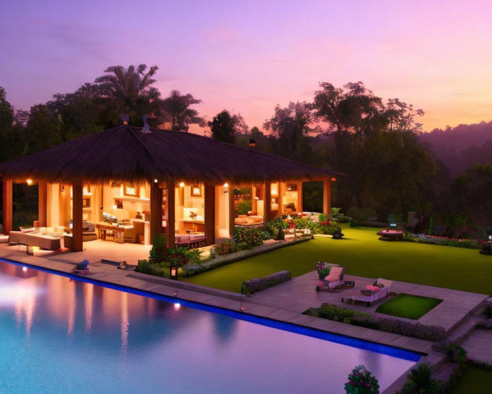 Luxurious Poolside Villa with Open Living Spaces and Twilight Sky