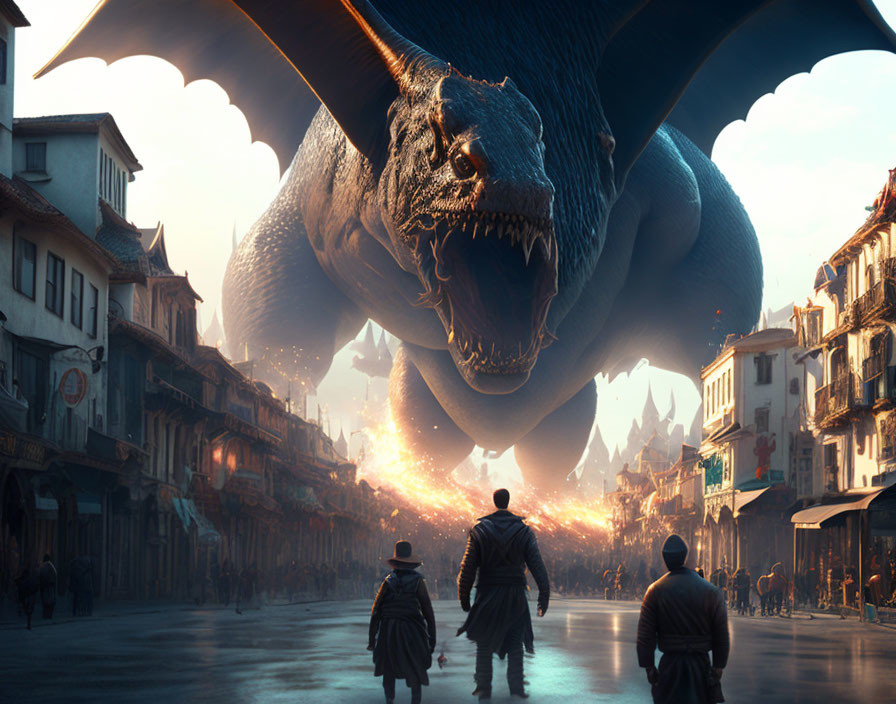 Enormous dragon overlooks busy street with vintage-dressed figures and majestic mountains.