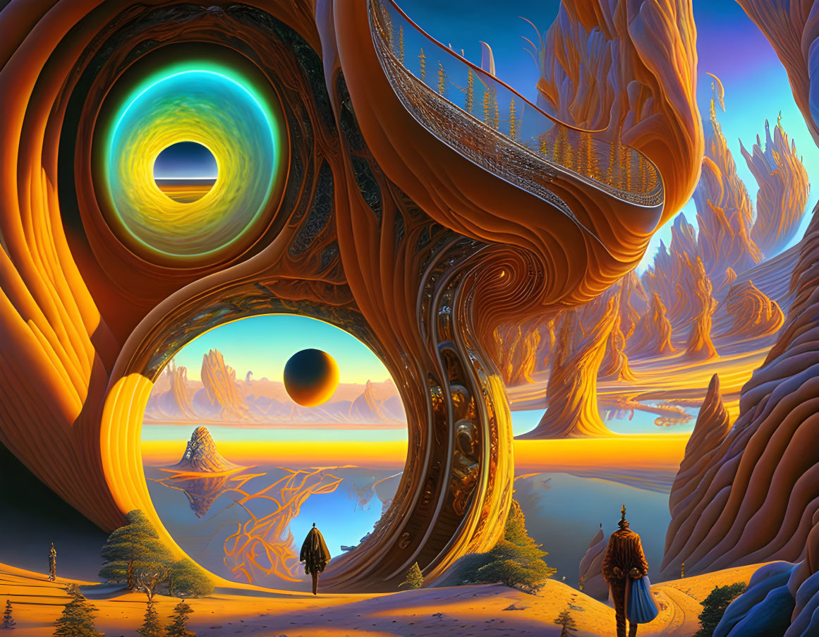 Surreal landscape with swirling orange structures and celestial bodies