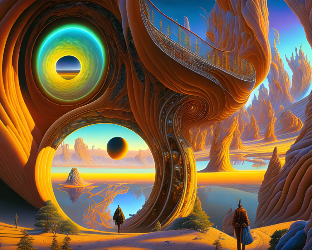 Surreal landscape with swirling orange structures and celestial bodies