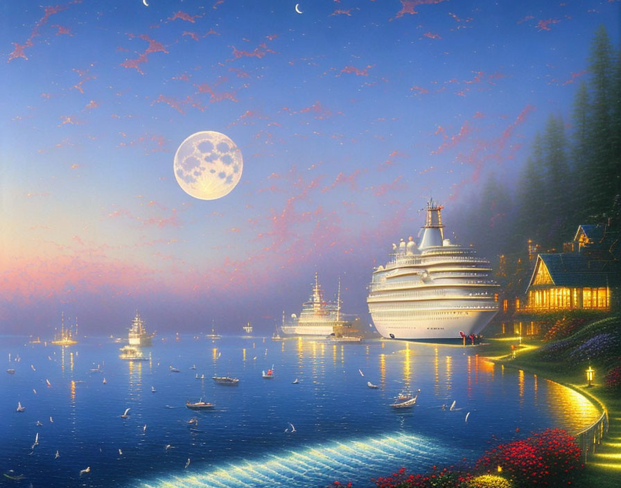 Twilight scene with cruise ships, cottage, moonlit sky, stars