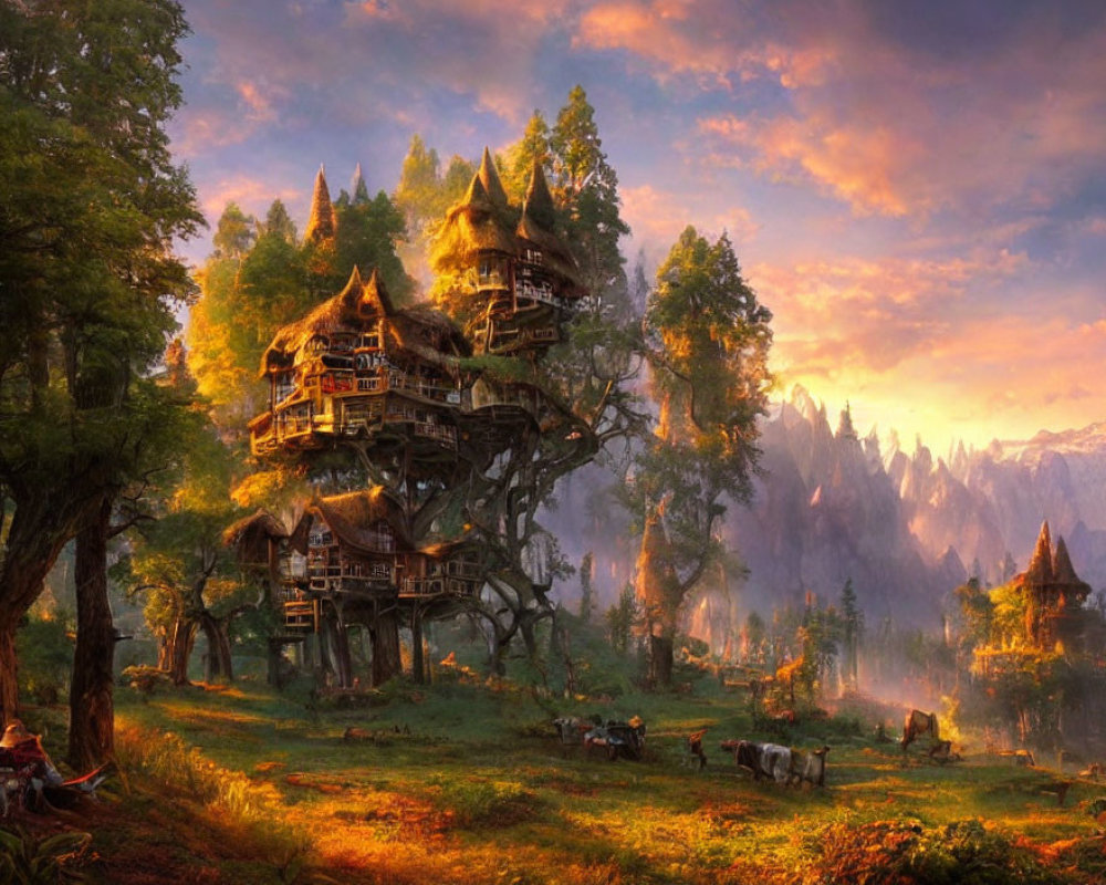 Majestic treehouse in serene fantasy landscape