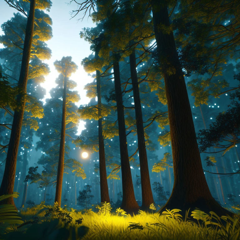 Enchanting forest scene with tall trees and glowing sunlit haze