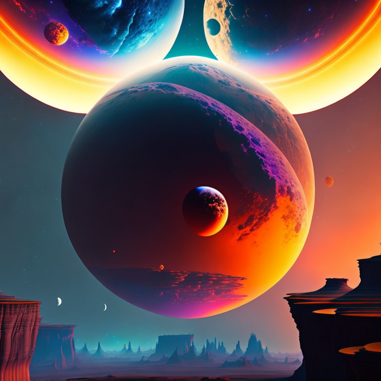 Colorful cosmic scene with purple planet and celestial bodies