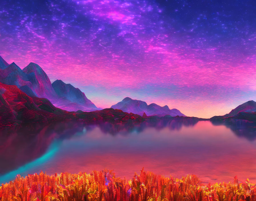 Vivid landscape with pink and purple skies, lake, mountains, and colorful flora.