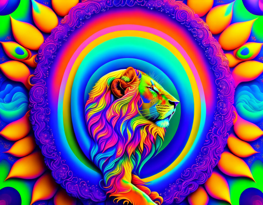 Colorful Psychedelic Lion Profile Illustration with Floral Motifs