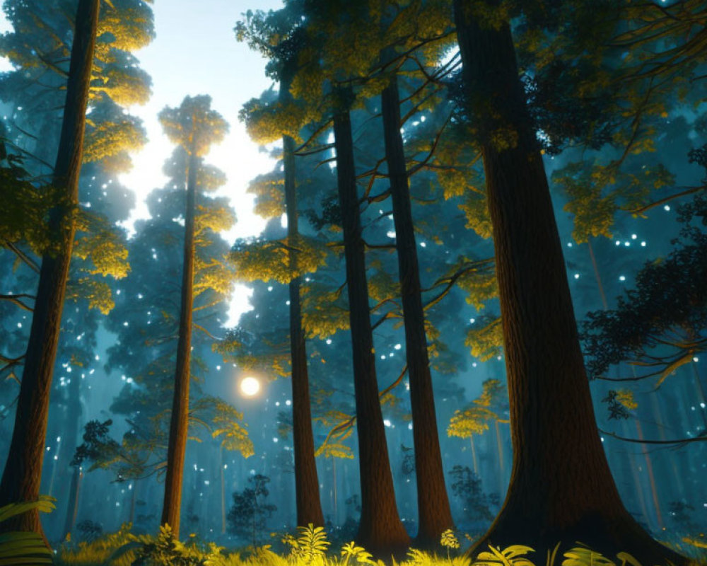 Enchanting forest scene with tall trees and glowing sunlit haze