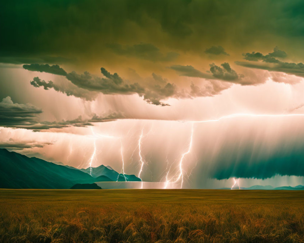 Golden Field with Lightning Strikes Under Greenish Sky