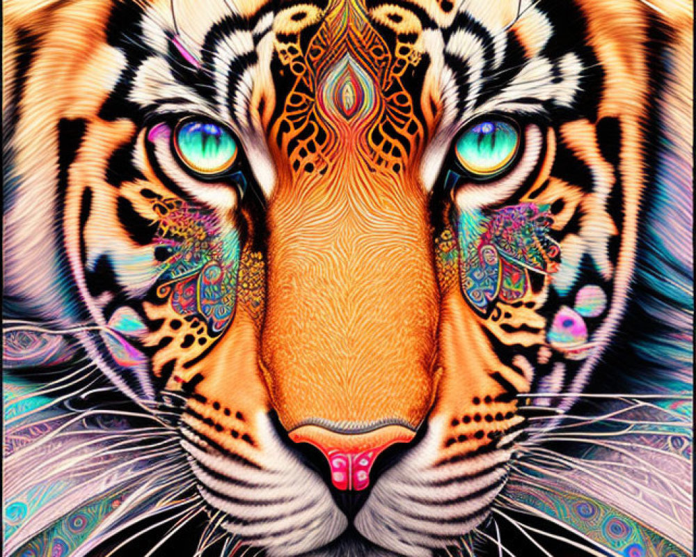 Colorful Psychedelic Tiger Face Illustration with Intricate Patterns