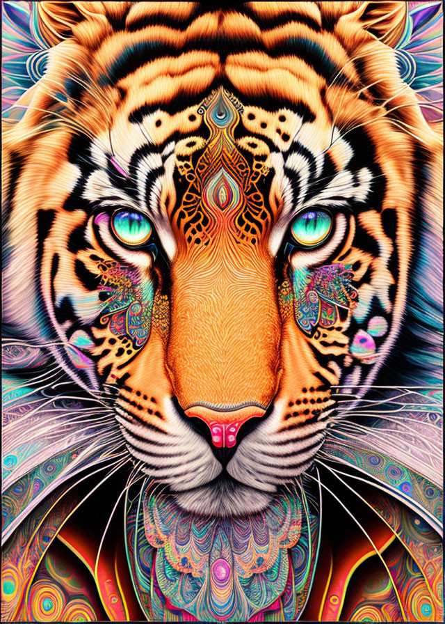 Colorful Psychedelic Tiger Face Illustration with Intricate Patterns