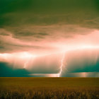 Golden Field with Lightning Strikes Under Greenish Sky