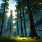 Enchanting forest scene with tall trees and glowing sunlit haze