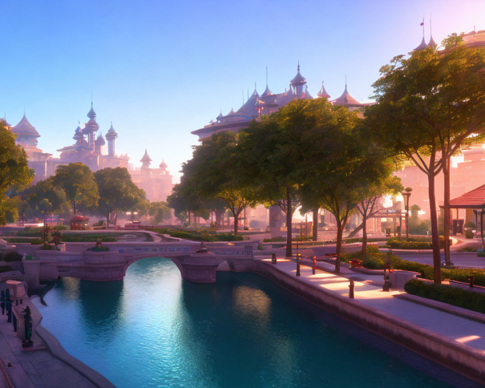 Fantasy cityscape at sunrise with canal, trees, and castle-like buildings