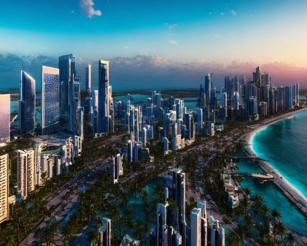 Modern city skyline at sunset with skyscrapers, palm trees, and blue sea