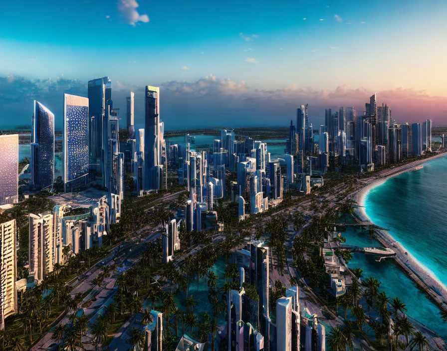 Modern city skyline at sunset with skyscrapers, palm trees, and blue sea