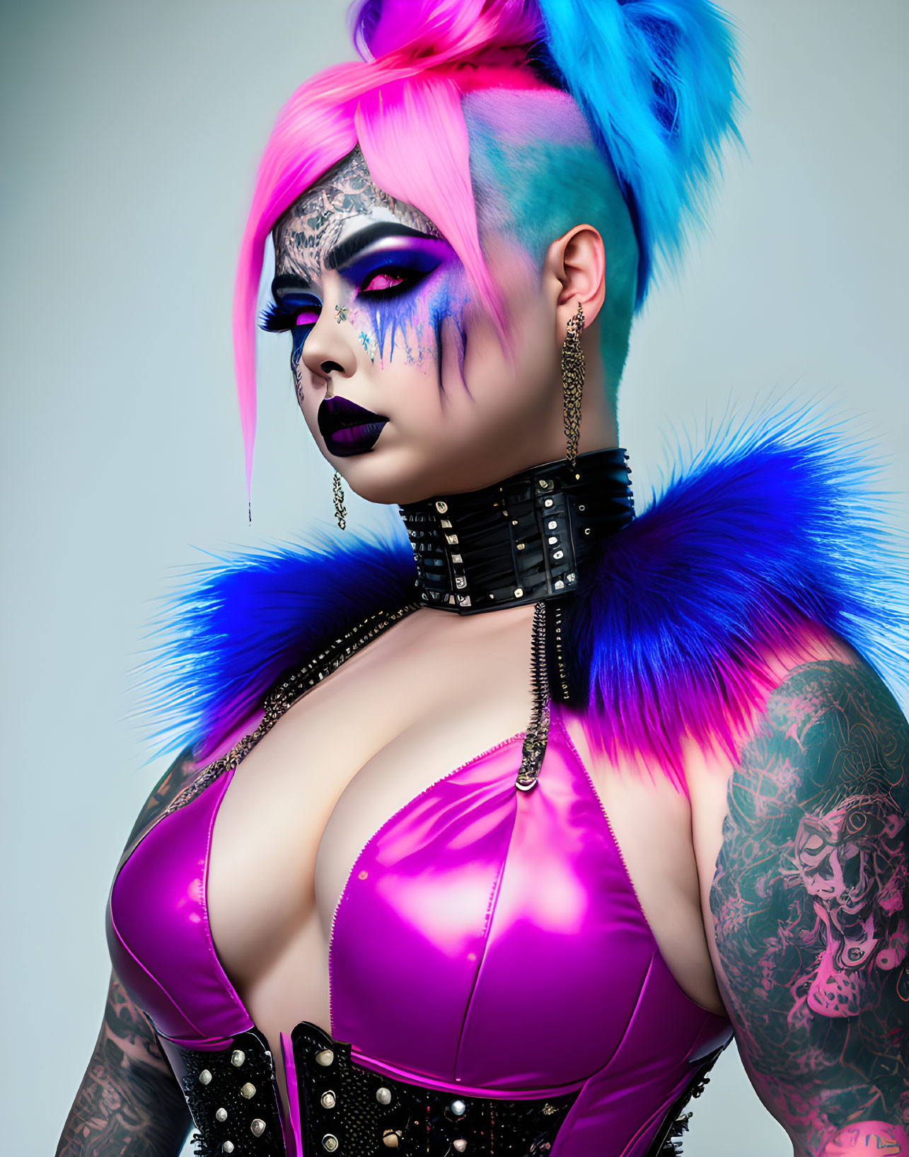 Stylized character with pink and blue hair, dramatic makeup, leather outfit, tattoos, and blue