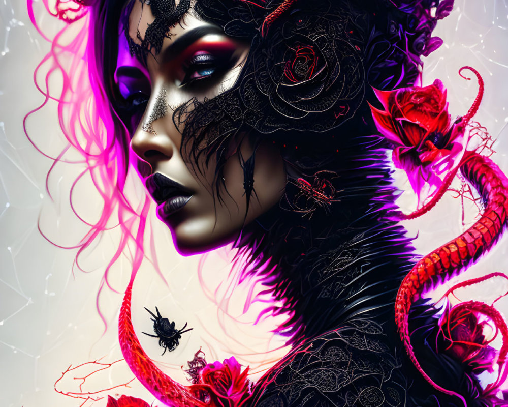 Detailed gothic woman illustration with roses, headdress, and serpentine creatures.