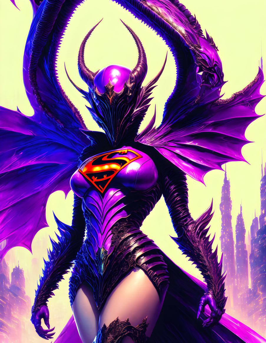 Fantasy image of figure with purple wings and Superman emblem in futuristic cityscape