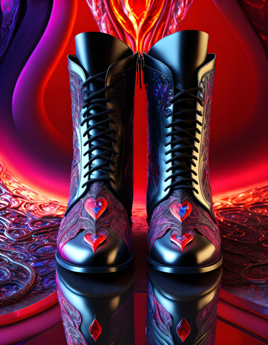 Black boots with red hearts on swirling psychedelic background