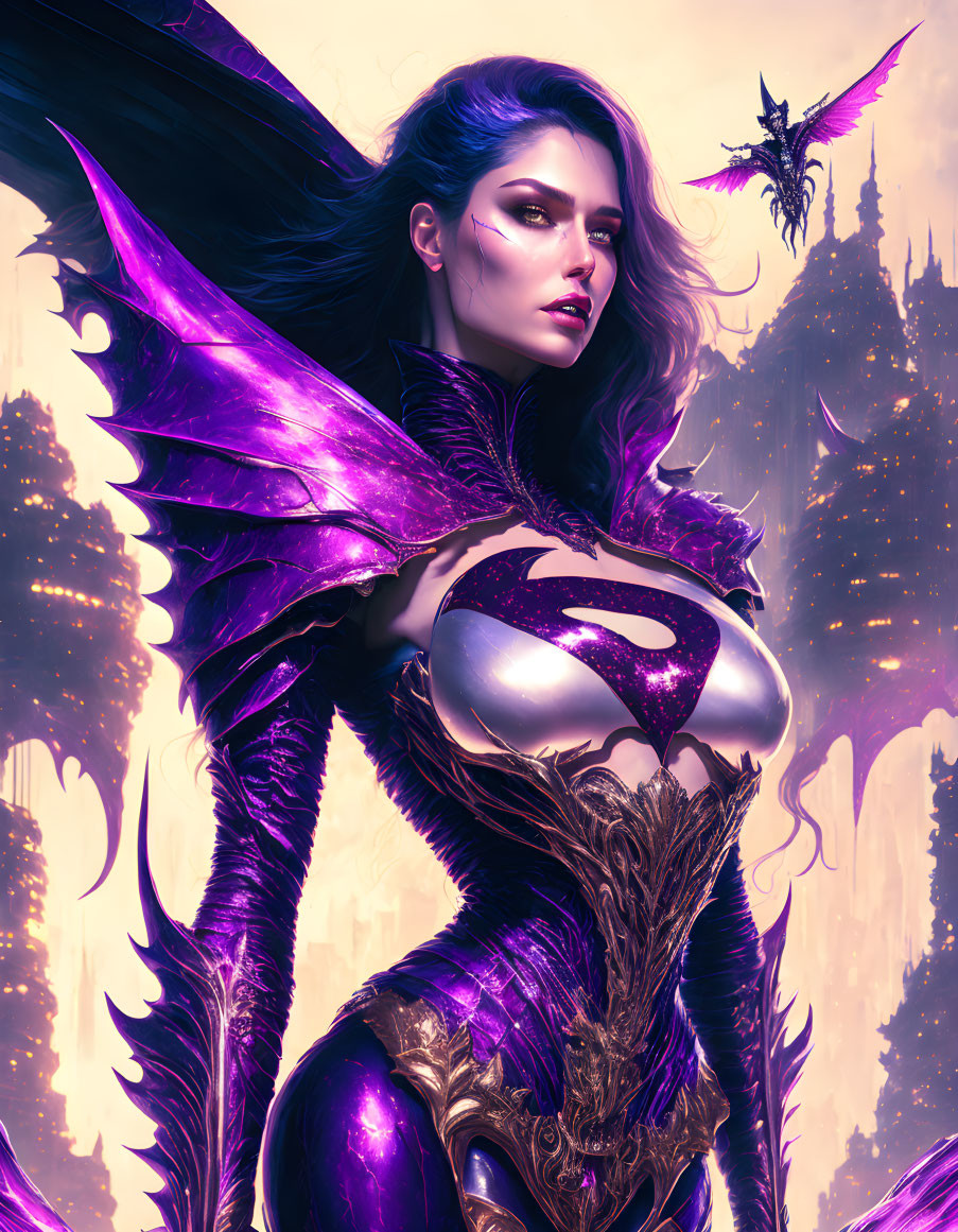 Digital artwork: Woman with purple wings and armor, fantasy cityscape, dragon background