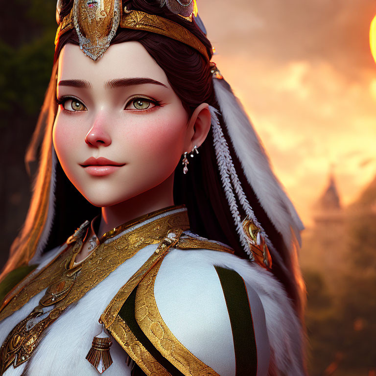 Detailed Close-Up of 3D Animated Female Character in Golden Headgear