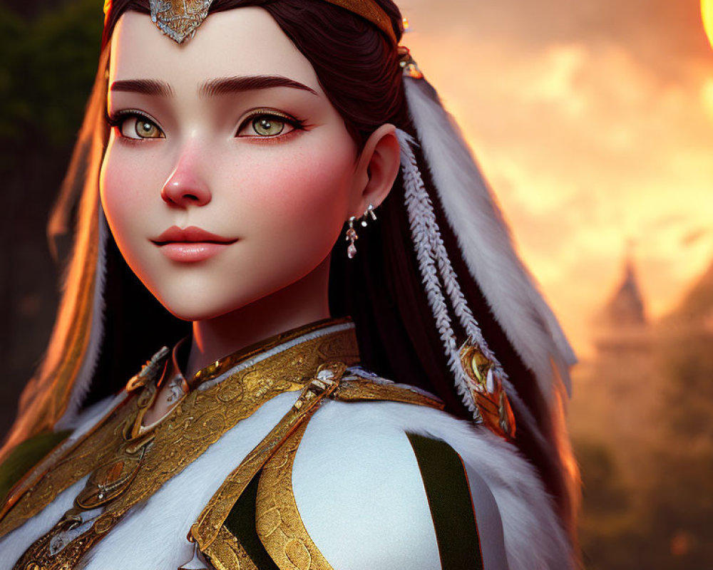 Detailed Close-Up of 3D Animated Female Character in Golden Headgear