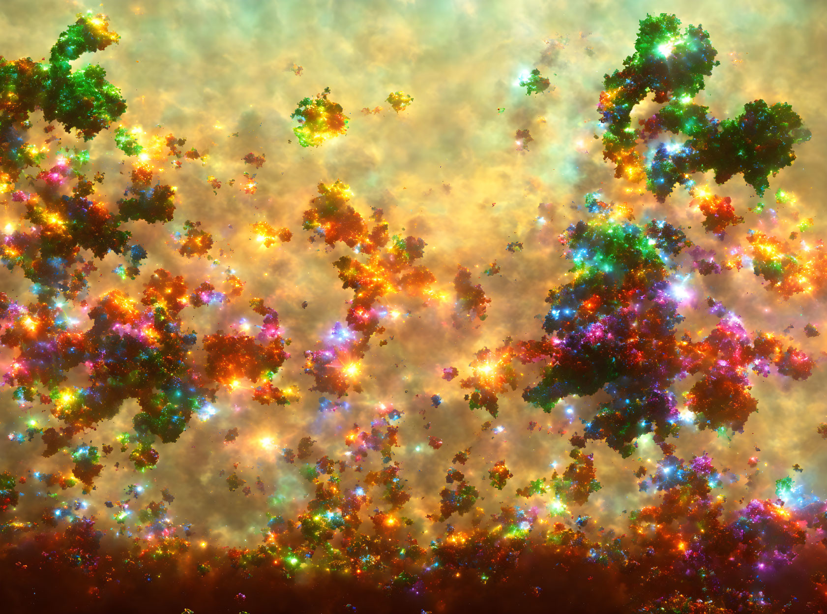 Colorful fractal tree clusters in cosmic forest scene on warm orange backdrop