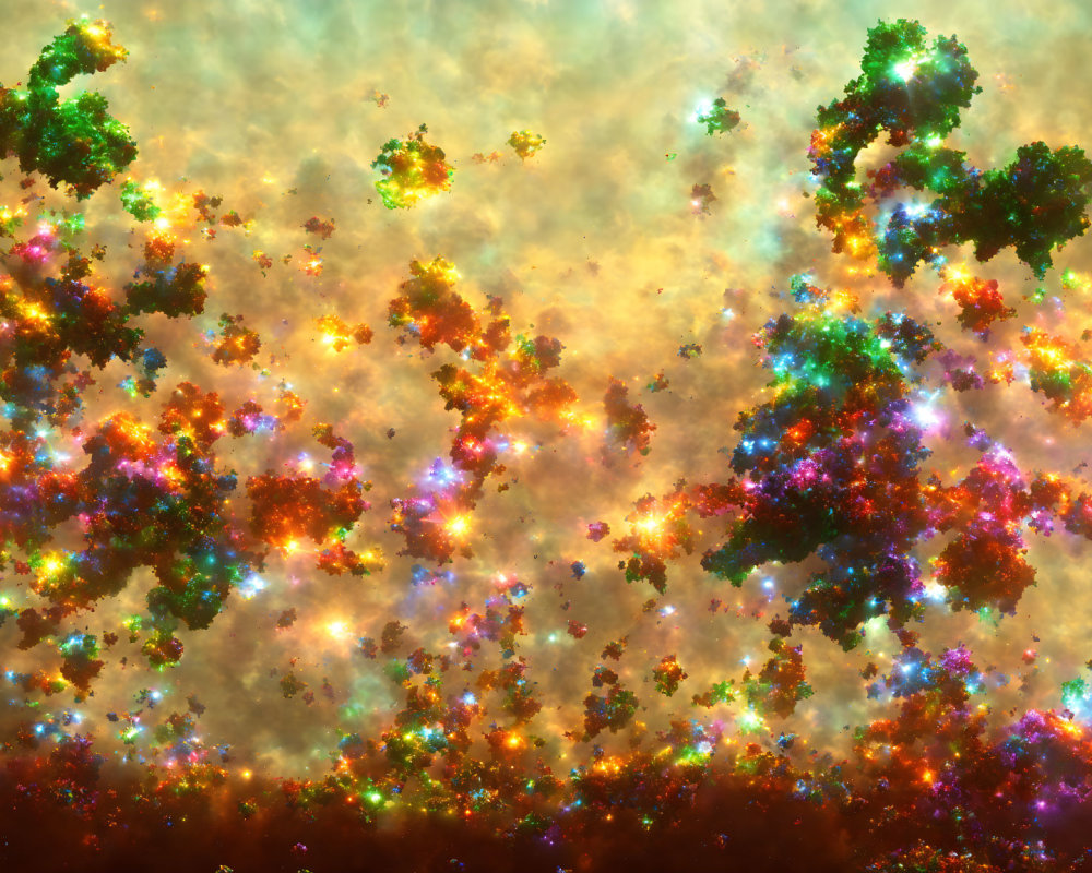 Colorful fractal tree clusters in cosmic forest scene on warm orange backdrop
