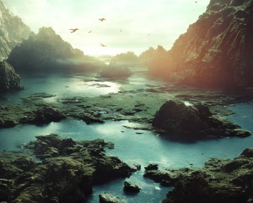 Tranquil coastal landscape with cliffs, blue sea, rocks, and birds under cloudy sky