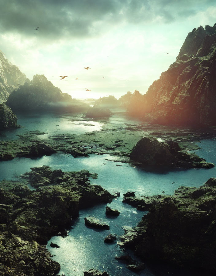Tranquil coastal landscape with cliffs, blue sea, rocks, and birds under cloudy sky