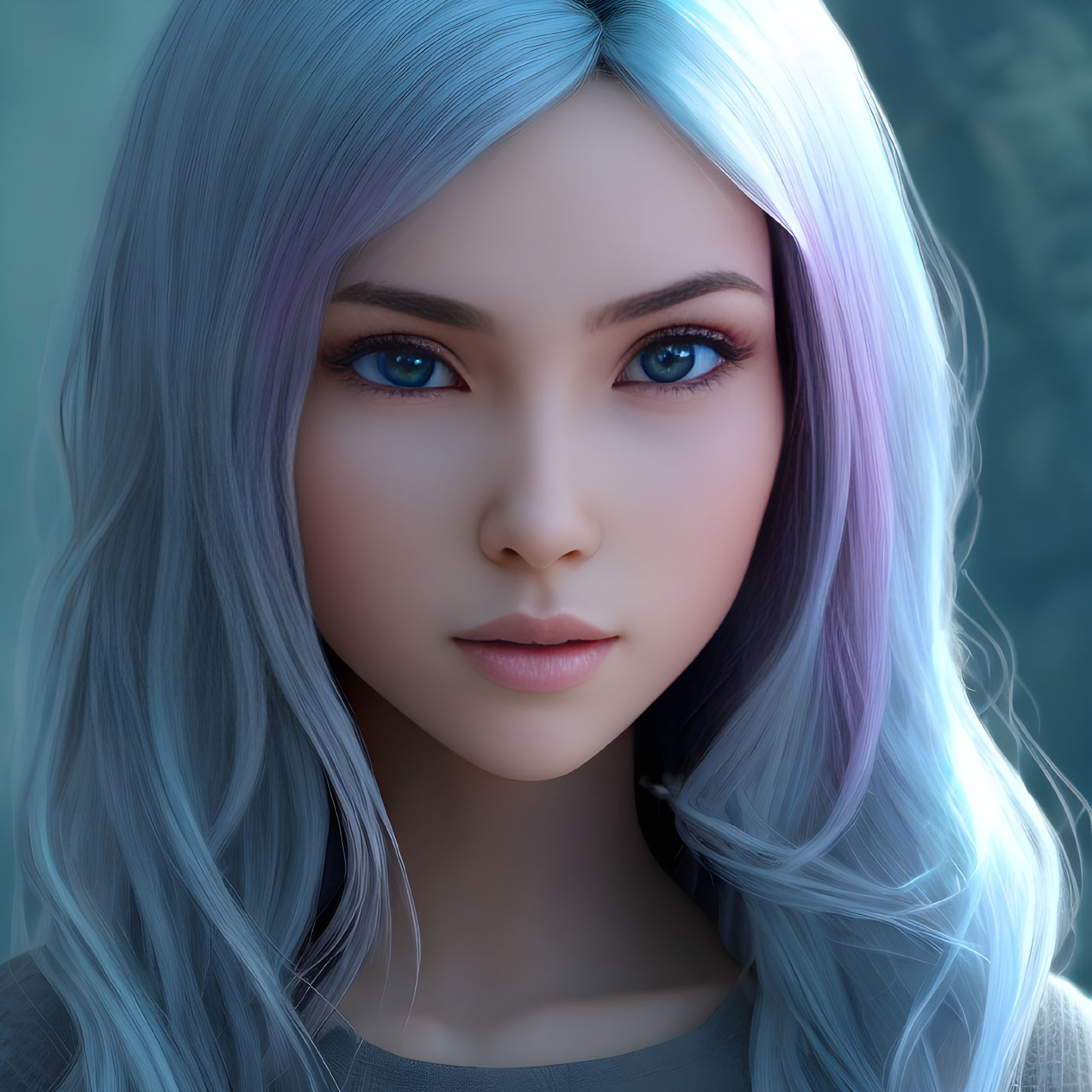 Female digital artwork: blue-eyed woman with purple to light blue ombre hair on cool-toned