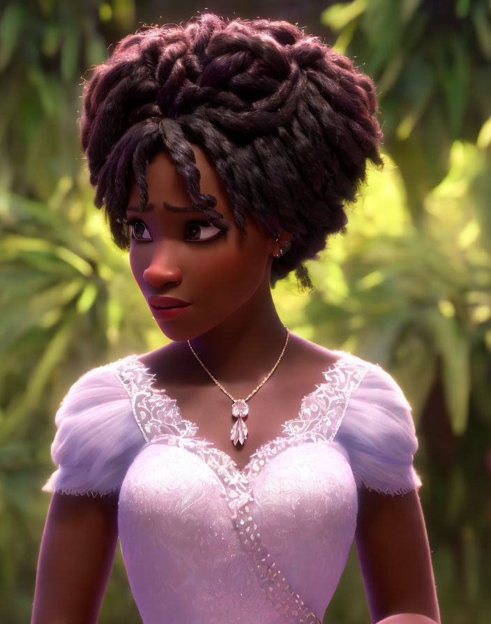 Dark-skinned woman in purple dress with braided hair in 3D animation