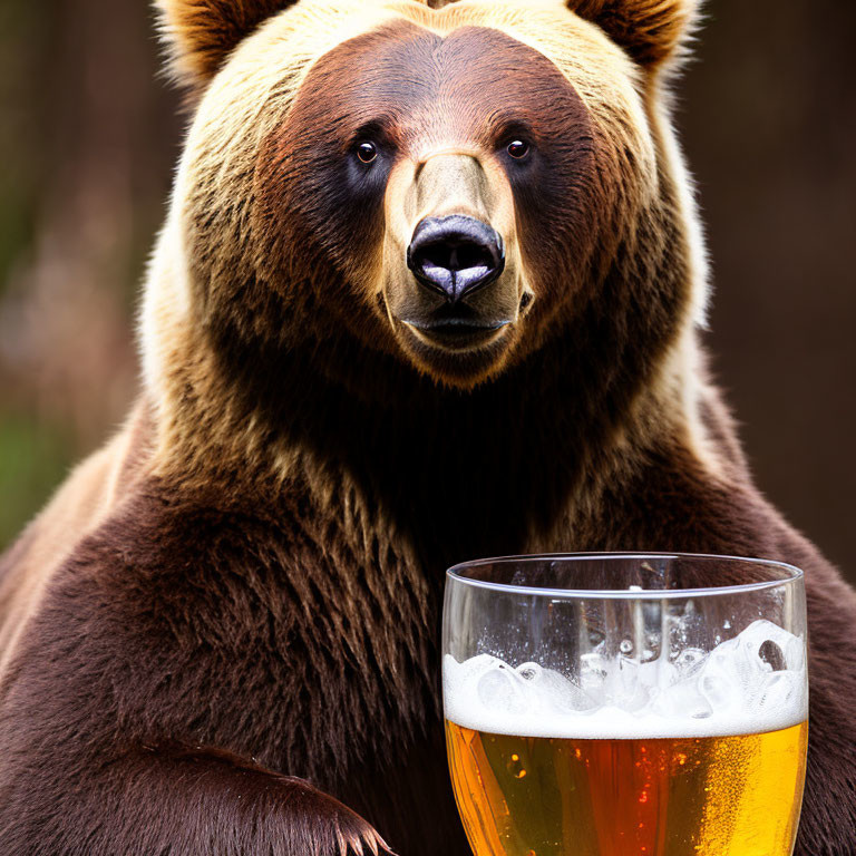 Brown bear with large beer glass in close-up shot