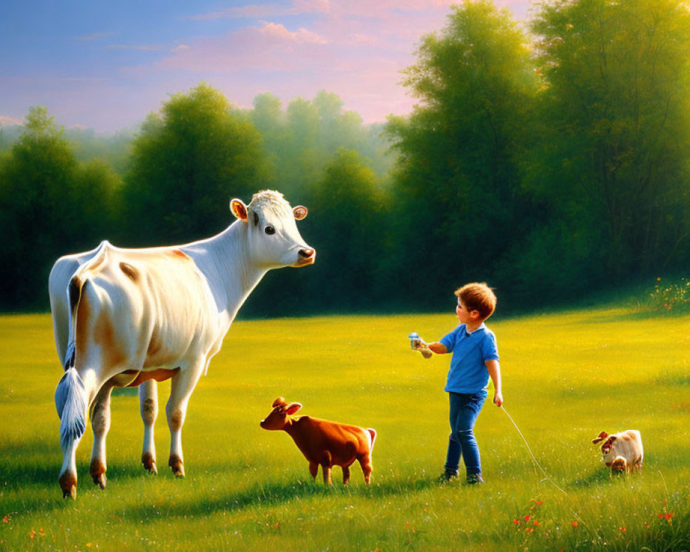 Young boy offers flower to cow in sunlit field with calf and dog