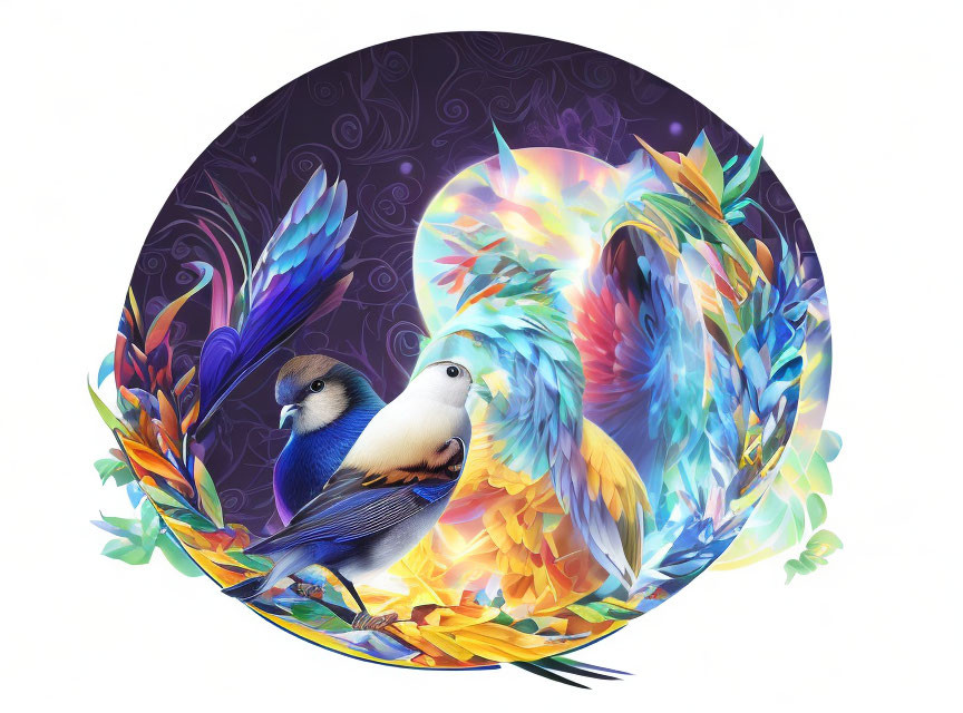 Colorful Bird Illustration with Elaborate Feathers in Circular Frame