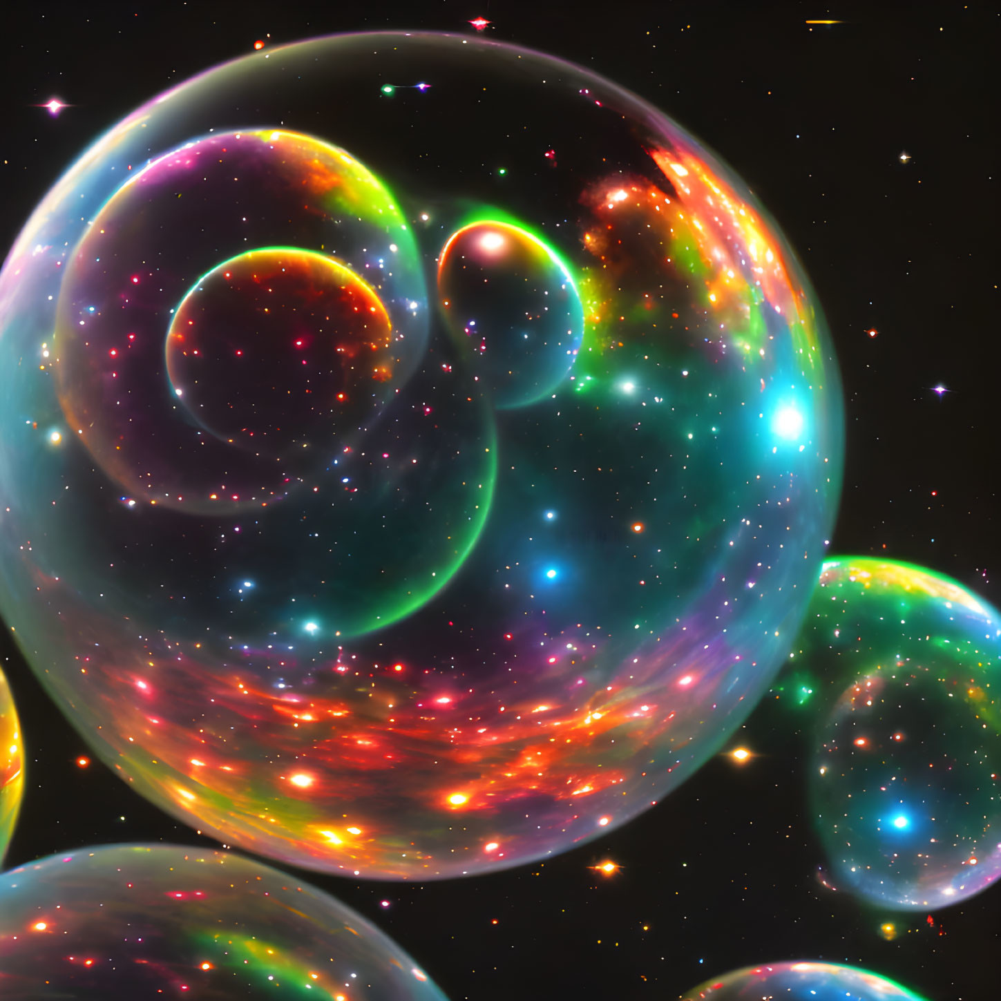 Colorful cosmic bubbles with swirling stars and nebulae in space