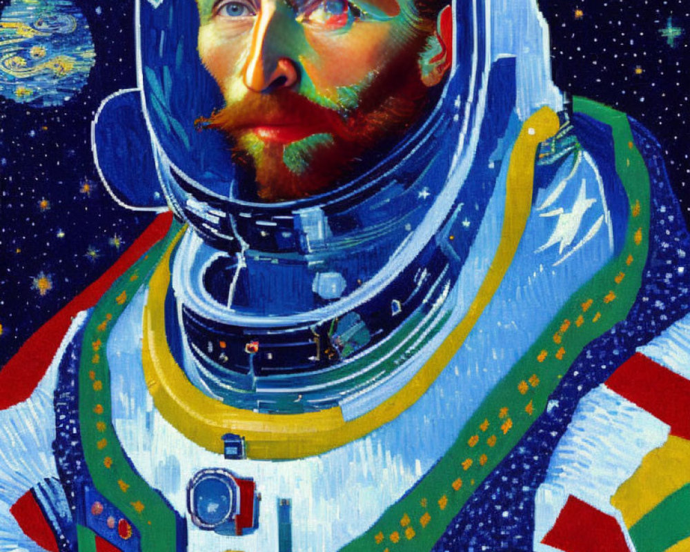 Digital collage: Van Gogh self-portrait & astronaut suit in starry night theme