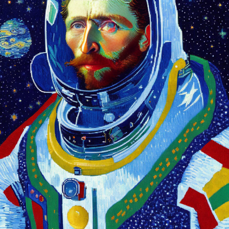 Digital collage: Van Gogh self-portrait & astronaut suit in starry night theme