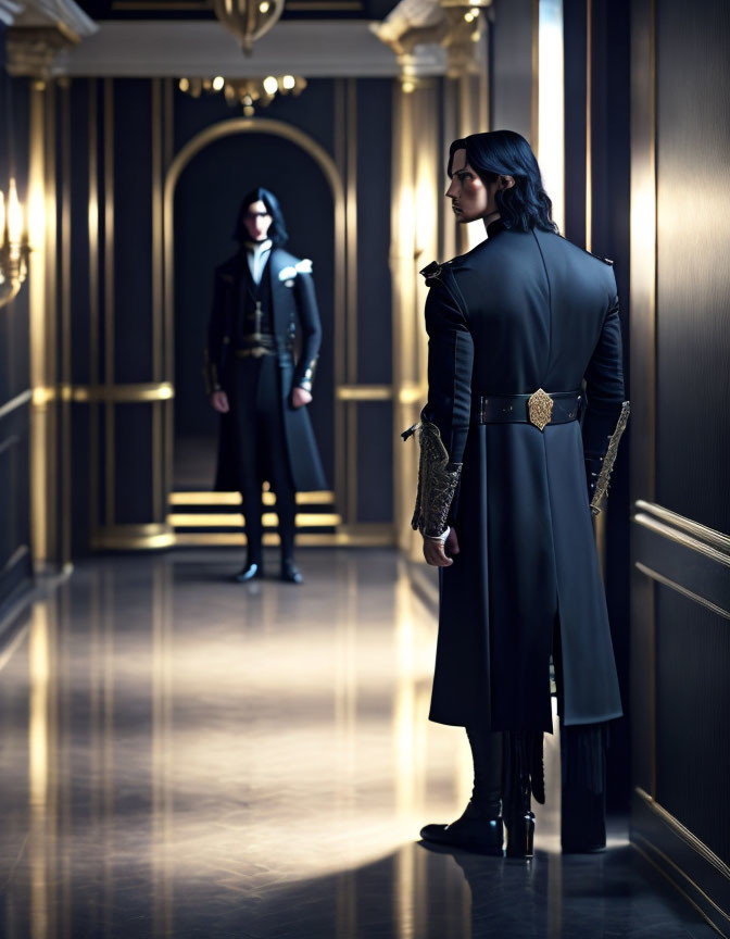 Person in Dark Military Outfit Stands in Opulent Hallway Facing Mirror