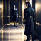 Person in Dark Military Outfit Stands in Opulent Hallway Facing Mirror