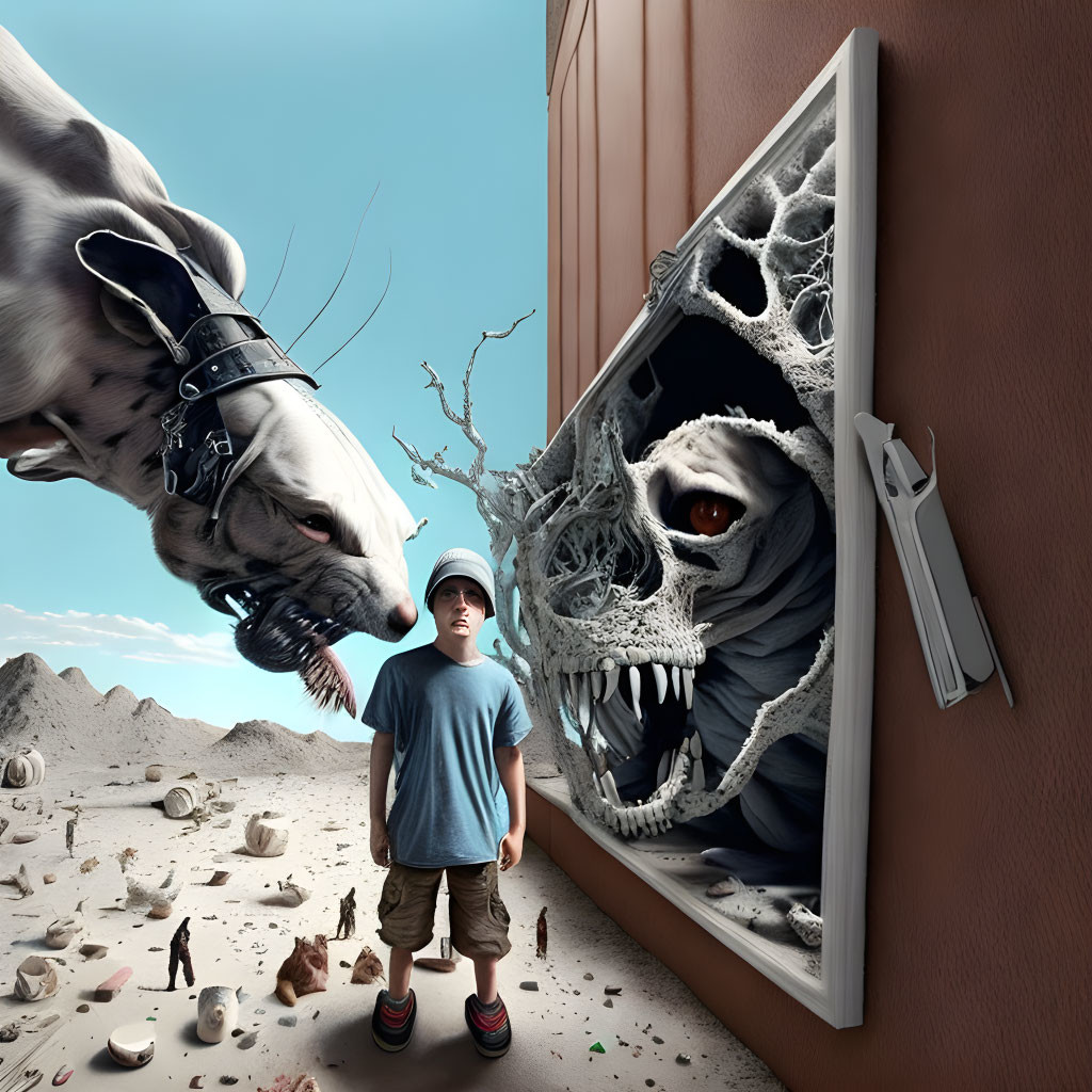 Boy in surreal desert with colossal dog and menacing creature from TV screen