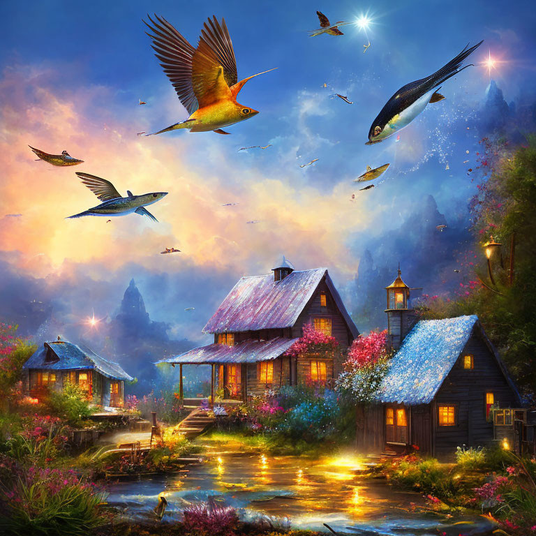 Colorful Birds Flying Over Quaint Houses in Magical Twilight