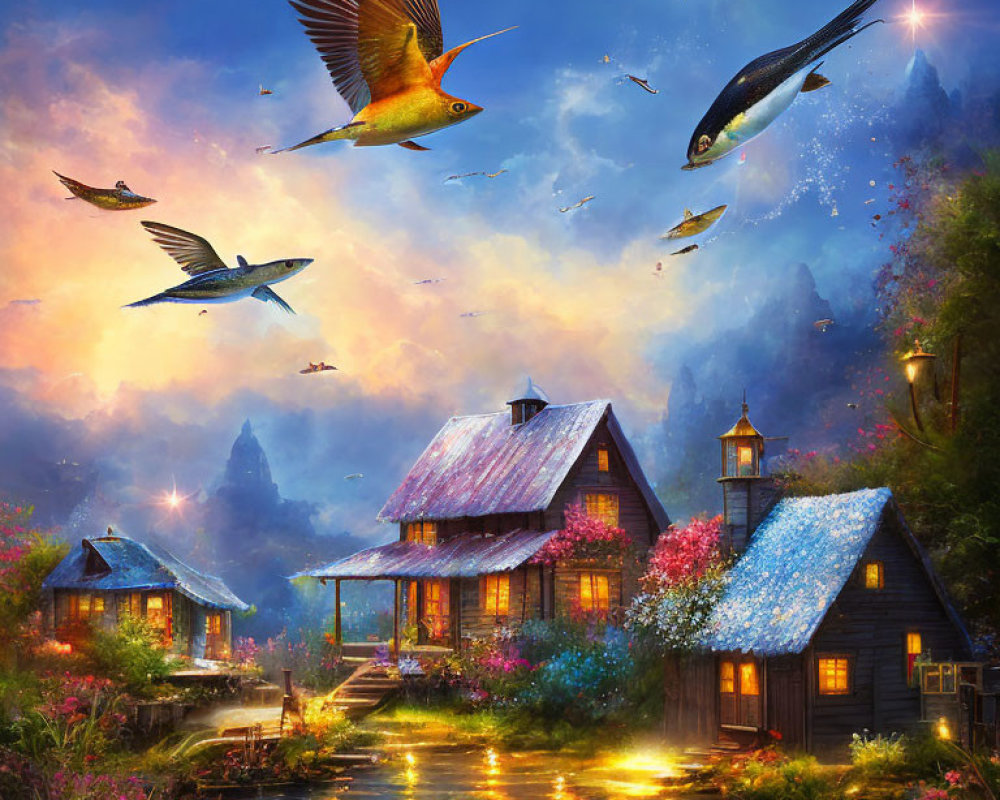 Colorful Birds Flying Over Quaint Houses in Magical Twilight