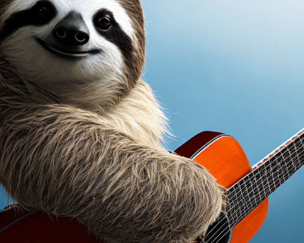 Cheerful sloth playing orange guitar on blue background