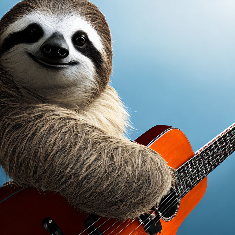 Cheerful sloth playing orange guitar on blue background